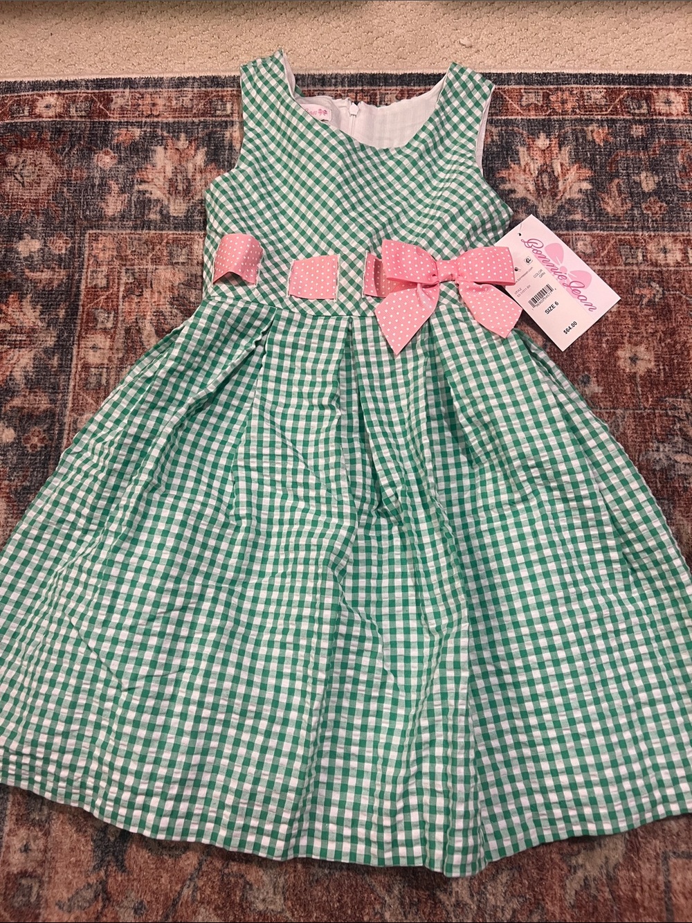 Bonnie Jean Green Gingham Dress with Pink Polka Dot Bow